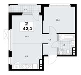 Планировка  2-комнатной квартиры, 42,1 м2