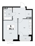Планировка  1-комнатной квартиры, 36,1 м2