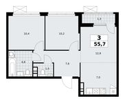 Планировка  3-комнатной квартиры, 55,7 м2