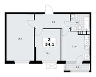 Планировка  2-комнатной квартиры, 54,1 м2