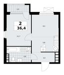 Планировка  2-комнатной квартиры, 36,4 м2