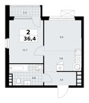 Планировка  2-комнатной квартиры, 36,4 м2