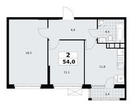 Планировка  2-комнатной квартиры, 54 м2