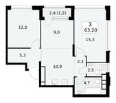 Планировка  3-комнатной квартиры, 63,2 м2