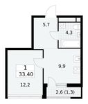Планировка  1-комнатной квартиры, 33,4 м2