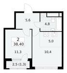 Планировка  2-комнатной квартиры, 38,4 м2