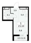 Планировка 1-комнатной квартиры, 23,1 м2