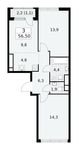 Планировка  3-комнатной квартиры, 56,5 м2