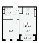 Планировка  2-комнатной квартиры, 40,4 м2