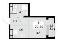 Планировка  1-комнатной квартиры, 22,2 м2