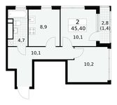 Планировка 2-комнатной квартиры, 45,4 м2