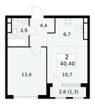 Планировка  2-комнатной квартиры, 40,4 м2