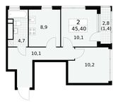 Планировка  2-комнатной квартиры, 45,4 м2