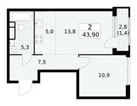 Планировка  2-комнатной квартиры, 43,9 м2