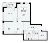 Планировка  3-комнатной квартиры, 58,3 м2