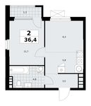 Планировка  2-комнатной квартиры, 36,4 м2