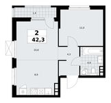 Планировка  2-комнатной квартиры, 42,3 м2