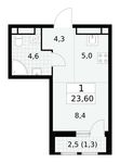 Планировка  1-комнатной квартиры, 23,6 м2