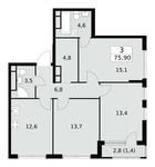 Планировка  3-комнатной квартиры, 75,9 м2