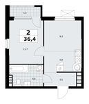 Планировка  2-комнатной квартиры, 36,4 м2