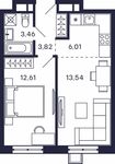 Планировка 1-комнатной квартиры, 39,44 м2