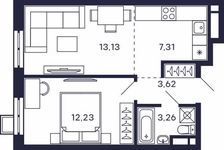 Планировка 1-комнатной квартиры, 37,87 м2