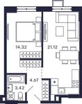 Планировка 1-комнатной квартиры, 43,53 м2