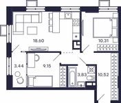 Планировка 2-комнатной квартиры, 55,85 м2