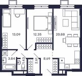 Планировка 2-комнатной квартиры, 62,89 м2