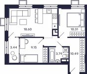 Планировка 2-комнатной квартиры, 55,78 м2