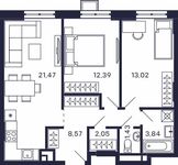 Планировка 2-комнатной квартиры, 62,77 м2
