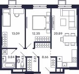 Планировка 2-комнатной квартиры, 62,87 м2