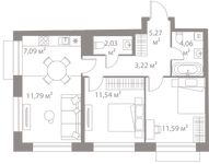 Планировка 2-комнатной квартиры, 56,59 м2