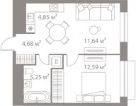 Планировка 1-комнатной квартиры, 39,01 м2