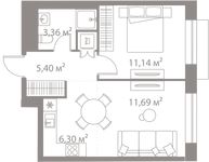 Планировка  1-комнатной квартиры, 37,89 м2