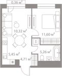 Планировка 1-комнатной квартиры, 37,7 м2