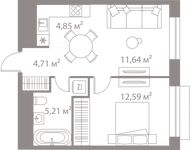 Планировка  1-комнатной квартиры, 39 м2
