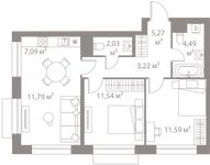 Планировка 2-комнатной квартиры, 57,02 м2
