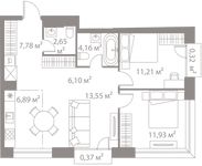 Планировка 3-комнатной квартиры, 64,96 м2