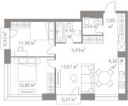 Планировка 3-комнатной квартиры, 65,47 м2