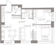 Планировка 3-комнатной квартиры, 65,44 м2
