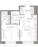 Планировка 1-комнатной квартиры, 39,75 м2