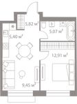 Планировка 1-комнатной квартиры, 38,65 м2