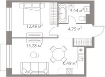 Планировка 1-комнатной квартиры, 41,49 м2