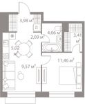 Планировка 1-комнатной квартиры, 39,59 м2