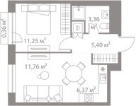 Планировка  1-комнатной квартиры, 38,5 м2