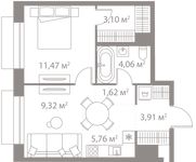 Планировка  1-комнатной квартиры, 39,24 м2