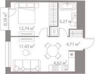 Планировка  1-комнатной квартиры, 39,15 м2