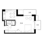 Планировка  1-комнатной квартиры, 40,6 м2