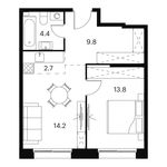 Планировка  1-комнатной квартиры, 44,9 м2